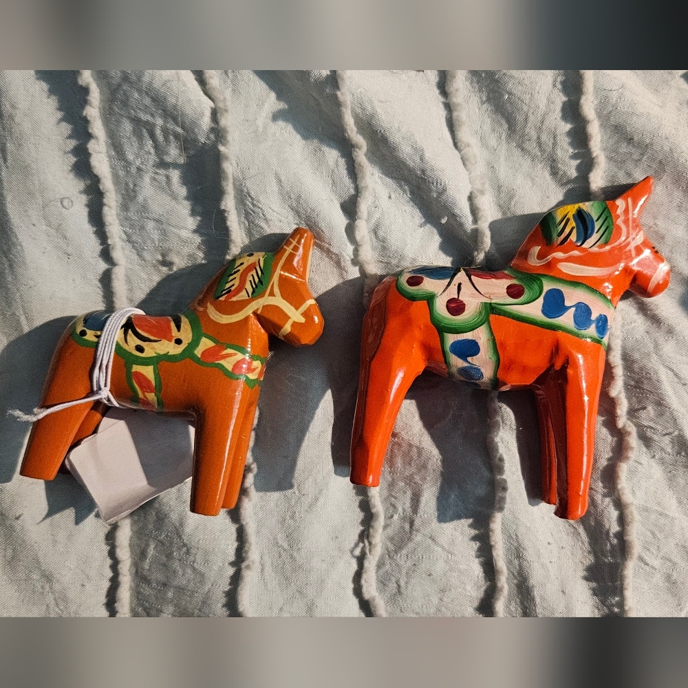Handcrafted Pair Of Orange Hand Carved & Painted Swedish Dala Animal Figurines